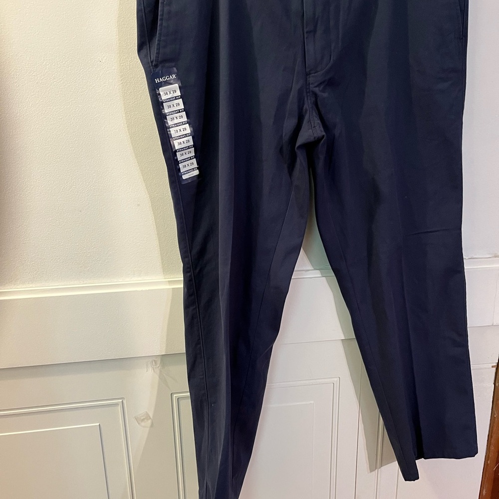 Haggar Men's Dark Blue Dress Pants - Motion Khaki, Stretch Fabric Straight Leg